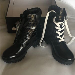 KK East “black multi (vegan) leather” boots